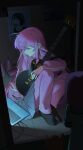  1girl black_socks blue_eyes bocchi_the_rock! can computer gotoh_hitori grey_skirt guitar highres holding holding_guitar holding_instrument indoors instrument jacket long_sleeves looking_down monster_energy pants pink_hair pink_jacket pink_pants poster_(object) puffy_long_sleeves puffy_sleeves sitting skirt socks solo song113 