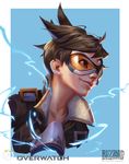  :d bangs bomber_jacket brown_eyes brown_hair brown_jacket collarbone copyright_name fur_trim goggles grin harness highres jacket nose open_mouth overwatch pink_lips ranhao2181547 short_hair smile solo spiked_hair strap swept_bangs teeth tracer_(overwatch) upper_body 