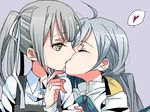  ahoge ana_(tateana_juukyo) blue_bow blue_neckwear bow bowtie braid buttons closed_eyes commentary_request grey_hair hair_ornament hair_ribbon heart kantai_collection kasumi_(kantai_collection) kiss kiyoshimo_(kantai_collection) long_hair long_sleeves multiple_girls neck_ribbon purple_background remodel_(kantai_collection) ribbon school_uniform shirt side_ponytail silver_hair simple_background speech_bubble spoken_heart upper_body white_ribbon white_shirt yellow_eyes yellow_ribbon yuri 