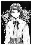  1girl arms_at_sides bangs blunt_bangs bob_cut buttons closed_mouth collared_shirt dated earrings eyebrows floral_background flower gisele_alain gisele_alain_(character) greyscale highres ink_(medium) jewelry kasai_sui light_smile long_sleeves looking_at_viewer monochrome neck_ribbon ribbon rose shirt short_hair solo striped traditional_media upper_body vertical_stripes 