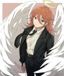  1boy androgynous angel angel_devil_(chainsaw_man) angel_wings black_jacket black_necktie chainsaw_man collared_shirt commentary_request cowboy_shot feathered_wings floating_neckwear formal_clothes from_above hair_between_eyes halo highres jacket long_hair male_focus min_(myna8247) necktie open_clothes open_jacket pink_background red_eyes red_hair shirt signature solo suit suit_jacket traditional_halo white_wings wings 