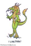  2001 4_fingers anthro chinese_food chopsticks chris_sawyer claws dragon eastern_dragon english_text food fur happy horn male nude pork scalie smile standing text tongue tongue_out whiskers 
