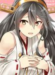  artist_name black_hair breasts brown_eyes check_commentary commentary_request dated detached_sleeves eyebrows eyebrows_visible_through_hair gradient gradient_background hair_between_eyes hair_ornament hairclip hands_on_own_chest haruna_(kantai_collection) headgear highres kamelie kantai_collection large_breasts long_hair looking_at_viewer nontraditional_miko pink_background red_background remodel_(kantai_collection) solo 