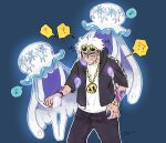  1boy ? ?? @_@ arm_tattoo beast_ball blue_background commentary_request eyewear_on_head guzma_(pokemon) holding holding_poke_ball musical_note nihilego outline poke_ball pokemon pokemon_(creature) pokemon_sm spoken_musical_note sunglasses sweat tattoo team_skull tentacles uzu_(4330047) white_hair white_outline 