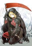  bad_id bad_pixiv_id black_gloves blonde_hair boots cibo_(killy) cloak full_body gloves gun hair_ornament hairclip highres hood one_knee original red_eyes rifle scythe solo thigh_boots thighhighs weapon 