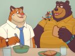  2024 anthro bear clothing eating eyewear felid food glasses group hi_res male mammal mouse murid murine necktie open_mouth overweight overweight_male pantherine pink_nose rodent rolobear shirt sitting size_difference standing tiger topwear 