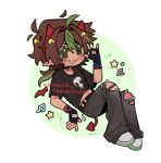  1boy \m/ ahoge animage artist_name belt black_belt black_gloves black_shirt brown_hair commentary commission deformed demon_tail emo_fashion english_commentary fake_horns fake_tail fingerless_gloves gloves green_eyes green_hair grey_pants grin hairband hannnsh horns looking_at_viewer low_ponytail male_focus medium_hair midriff_peek minecraft_youtube multicolored_hair musical_note pants past_life_smp pointy_ears ponytail print_shirt reclining red_hairband sharp_teeth shirt shoes short_sleeves skull_print smallishbeans smile sneakers solo streaked_hair t-shirt tail teeth torn_clothes torn_pants traffic_life_series watermark white_shoes wristband 