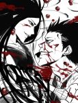  1boy 1girl battle bleach blood blood_on_face closed_eyes eye_contact face-to-face fighting_stance looking_at_another monochrome profile shoubangnim smile unohana_retsu zaraki_kenpachi 