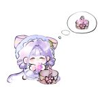  1girl ^_^ absurdly_long_hair apron barefoot basket blunt_bangs bow bow_apron chibi chinese_commentary closed_eyes commentary_request country_lolita covered_mouth diamond_(gemstone) double_bun dress fengmi_youzi_hua flower frilled_dress frilled_headwear frills gem hair_bun hair_intakes hair_spread_out happy hat hat_bow hat_flower hat_ornament highres holding holding_gem infinity_nikki kneeling lace-trimmed_apron lace_trim leaf_hat_ornament light_blush lolita_fashion long_dress long_hair low_twintails mob_cap nikki_(series) pink_gem pleated_dress purple_bow purple_dress purple_hair purple_hat simple_background single_stripe solo speech_bubble spoken_object striped_bow thought_bubble twintails very_long_hair waist_apron whispers_of_bliss_(infinity_nikki) white_apron white_background white_flower 