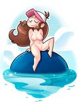  1girl areolae artist_name breasts brown_hair eyes_closed feet female hat heriplayer large_breasts long_hair navel nipples nude pokemon pokemon_(game) pokemon_bw pussy smile touko_(pokemon) wailmer water wide_hips 