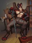 abs absurd_res anthro beverage black_body black_claws black_horn black_pawpads blue_eyes bookshelf bread candle chair claws dragon edvardiko food front_view furniture hi_res horn inside jewelry looking_at_viewer male melee_weapon muscular muscular_anthro muscular_male mythological_creature mythological_scalie mythology narrowed_eyes necklace pawpads pecs red_body scalie sitting smile solo spread_legs spreading sword tan_body toe_claws weapon