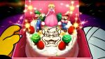  1girl 3boys bandages bowser cake cake_slice facial_hair food fruit hat holding holding_cake holding_food luigi mario mario_&amp;_luigi:_bowser's_inside_story mario_&amp;_luigi_rpg mario_(series) multiple_boys mustache natsukothemun pastry pov princess_peach red_hat strawberry strawberry_cake strawberry_shortcake 