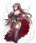  :d bare_shoulders black_legwear breasts brown_hair capelet commentary_request cowboy_shot dress dress_lift flower from_side garter_straps granblue_fantasy hair_between_eyes hair_flower hair_ornament jonylaser knife large_breasts lifted_by_self long_hair long_sleeves looking_at_viewer looking_to_the_side midriff open_mouth purple_eyes purple_flower purple_rose rose rosetta_(granblue_fantasy) sheath sheathed smile solo thighhighs very_long_hair 