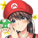  black_hair blue_eyes commentary cosplay eyebrows eyebrows_visible_through_hair hat houshou_(kantai_collection) kantai_collection light_smile long_hair looking_at_viewer mario mario_(cosplay) mario_(series) parody red_hat sazamiso_rx smile star super_mario_bros. upper_body 