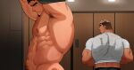  2boys abs armpit_hair arms_up ass_peek back bara broad_shoulders brown_hair closed_eyes commentary_request facial_hair goatee groin implied_yaoi large_pectorals locker locker_room looking_at_another looking_to_the_side male_focus male_pubic_hair multiple_boys muscular muscular_arms muscular_male navel nipples nose original pectorals pubic_hair pubic_hair_peek sakuramarusan see-through_clothes shirt sweat sweatdrop thick_eyebrows tight_clothes tight_shirt triceps undressing wide_back 
