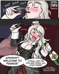  admiral_paru alcohol alternate_costume breasts civilization_(series) civilization_vi cleavage comic commentary drinking drunk fleur_de_lis kantai_collection long_hair pola_(kantai_collection) wavy_hair wine 