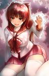  aura breasts brown_eyes claw_pose comic-z eyebrows eyebrows_visible_through_hair kousaka_tamaki large_breasts long_hair red_hair school_uniform serafuku solo thighhighs to_heart_2 two_side_up white_legwear zettai_ryouiki 