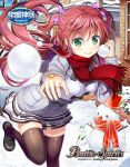  1girl battle_spirits black_shoes bow brown_thighhighs closed_mouth coat copyright_logo copyright_name fujima_takuya green_eyes grey_coat hair_bow hand_jewel holding holding_snowball logo long_hair looking_at_viewer noa_fleur official_art outdoors pink_bow red_hair red_scarf scarf shoes skirt snow snow_rabbit snowball snowball_fight snowman solo standing standing_on_one_leg thighhighs throwing two_side_up white_skirt winter 