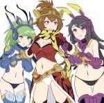  3girls :d animal_ear_headphones animal_ears animal_print black_hair black_panties blue_gloves breasts brown_eyes brown_hair cleavage commentary_request d4vcmk fake_animal_ears gloves green_eyes green_hair headphones highres holding_another's_arm kuu_(nyanko_daisensou) long_hair multiple_girls navel nyanko_daisensou open_mouth panties purple_eyes purple_gloves smile stomach thighhighs thundia_(nyanko_daisensou) tiger_print underwear white_panties windy_(nyanko_daisensou) yellow_gloves 