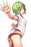  armpit_peek ass back blush breasts brown_eyes buruma commentary_request from_side green_hair gym_uniform h_kasei hands looking_at_viewer looking_back open_mouth original outstretched_arms red_buruma shirt short_hair short_sleeves small_breasts smile solo spread_arms up_sleeve white_shirt 