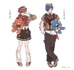  1boy 1girl :d animal_ear_hairband animal_ear_headwear animal_ears animal_hat beanie bear_ear_hairband bear_ears bear_hat black_skirt blue_eyes blue_hair bow brown_cardigan brown_hair brown_hat cardigan collared_shirt color_guide commentary dot_nose fake_animal_ears full_body hair_over_one_eye hairband hand_in_pocket hand_up hat heart hgsym_23 highres holding holding_stuffed_toy jack_frost_(megami_tensei) leg_warmers looking_at_viewer open_mouth persona persona_3 persona_3_portable pleated_skirt red_eyes scarf scarf_bow shiomi_kotone shirt signature skirt sleeve_bow sleeves_past_wrists smile standing stuffed_animal stuffed_toy teddy_bear untranslatable_commentary v white_leg_warmers yuuki_makoto_(persona_3) 