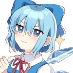  1girl blue_bow blue_dress blue_eyes blue_hair blush bow cirno closed_mouth collared_shirt dress hair_between_eyes hair_bow hand_up highres ice ice_wings looking_at_viewer neck_ribbon pinafore_dress puffy_short_sleeves puffy_sleeves red_ribbon ribbon shirt short_hair short_sleeves simple_background sleeveless sleeveless_dress smile solo sparkle thumbs_up touhou upper_body user_dwmj3838 v-shaped_eyebrows white_background white_shirt wings 