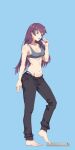  1girl absurdres alternate_costume armpit_crease barefoot black_pants blue_background blue_eyes blush breasts brushing_teeth cleavage commentary feet firstdayiyui full_body grey_panties grey_sports_bra hand_up heel_up highres holding long_hair looking_down medium_breasts monogatari_(series) navel panties pants purple_hair senjougahara_hitagi simple_background solo sports_bra stomach toenails toes underwear untranslatable_commentary very_long_hair weighing_scale 