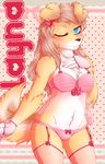  anthro blush bra canine clothing female fingerless_gloves garter gloves looking_at_viewer lovelesskiax mammal one_eye_closed panties smile solo underwear 