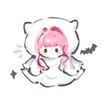  1girl animal bat_(animal) blunt_bangs brown_eyes chibi chinese_commentary commentary_request fengmi_youzi_hua ghost_costume hair_intakes highres infinity_nikki light_blush nikki_(nikki) nikki_(series) no_mouth notice_lines pink_hair short_hair_with_long_locks sidelocks simple_background solid_oval_eyes solo sparkle straight-on wavy_hair white_background 