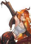  1girl alternate_costume arm_up breasts cleavage commentary earrings english_commentary flamestrider_(genshin_impact) genshin_impact highres jewelry key large_breasts long_hair looking_at_viewer mavuika_(genshin_impact) multicolored_hair orange_eyes orange_hair red_hair smile solo sweat valenthania very_long_hair 