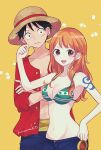  1boy 1girl bare_arms bare_shoulders bikini bikini_top_only black_hair blue_pants blue_shorts blush breasts brown_eyes cheek_pull cleavage closed_mouth collarbone commentary_request cowboy_shot crossed_arms denim earrings green_bikini halterneck hand_on_another's_cheek hand_on_another's_face hat height_difference highres jeans jewelry long_hair looking_at_viewer medium_breasts monkey_d._luffy nami_(one_piece) navel one_piece open_clothes open_mouth open_shirt orange_hair pants pearl_earrings red_shirt sash scar scar_on_cheek scar_on_chest scar_on_face shinogo_no shirt shorts shoulder_tattoo stomach straw_hat sweatdrop swimsuit tattoo wavy_hair yellow_background yellow_sash 