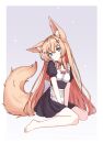  1girl :3 absurdres animal_ear_fluff animal_ears apron barefoot black_dress blue_eyes breasts brown_hair closed_mouth commentary_request dress eyebrows_hidden_by_hair fox_ears fox_girl fox_tail full_body hair_between_eyes hair_ornament hairclip highres long_hair looking_at_viewer maid original ribbon sitting small_breasts solo sticker sticker_on_face tail toes waist_apron waist_ribbon wariza white_apron white_ribbon ze_zhi_ai 