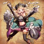  :d arm_warmers bare_shoulders black_hat black_legwear blonde_hair blue_eyes boots brown_footwear bullet gun hat long_hair looking_at_viewer midriff monokuru navel open_mouth original smile smoke smoking_gun solo standing tenkuu_no_craft_fleet thighhighs weapon zoom_layer 