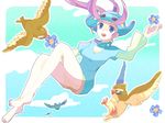  1girl bare_legs barefoot bird blue_eyes cloud collar flower gloves gym_leader helmet long_hair nagi_(pokemon) open_mouth pidgey pokemon pokemon_(creature) pokemon_(game) pokemon_rse purple_hair sky smile 