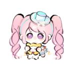  1girl =_= absurdly_long_hair animal barefoot blue_hairband blue_hat bow bowtie cat chibi chinese_commentary cloak clothed_animal commentary_request dance_till_dawn_(infinity_nikki) dress drill_hair ear_covers fengmi_youzi_hua frilled_dress frills hairband hat hat_bow highres holding holding_animal holding_cat hood hood_up hooded_cloak infinity_nikki light_blush light_particles lolita_fashion long_dress long_hair looking_at_viewer mini_hat mini_top_hat momo_(nikki) navel nikki_(series) no_mouth official_alternate_color pink_hair pleated_dress purple_eyes red_bow red_bowtie standing top_hat traditional_bowtie twin_drills twintails very_long_hair whiskers white_background white_bow white_cat white_dress yellow_cloak 