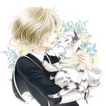  animal closed_eyes gokotai gokotai's_tigers hair_over_one_eye holding holding_animal light_brown_hair male_focus nuzzle smile solo tiger touken_ranbu white_tiger yukashima 