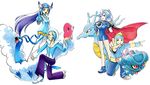  2boys 2girls altaria bandanna blonde_hair blue_eyes blue_hair cape chocker gloves goggles hat ibuki_(pokemon) kingdra luvdisc mikuri_(pokemon) misdreavus nagi_(pokemon) pokemon pokemon(creature) pokemon_gsc pokemon_rse purple_hair whip yamamoto_satoshi 