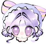  1girl :o blunt_bangs bow chibi chinese_commentary commentary_request double_bun fengmi_youzi_hua frilled_headwear from_above hair_bun hair_intakes hat hat_bow highres infinity_nikki large_bow light_blush light_particles long_hair low_twintails mob_cap nikki_(series) parted_lips purple_bow purple_eyes purple_hair purple_hat simple_background single_stripe solo straight-on striped_bow twintails very_long_hair whispers_of_bliss_(infinity_nikki) white_background 