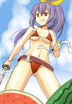  ass_visible_through_thighs belt bikini breasts cloud day food from_below fruit hair_ribbon legs_apart long_hair medium_breasts ponytail purple_hair red_bikini red_eyes ribbon sideboob smile solo suikawari swimsuit sword taishi_(moriverine) touhou underboob watatsuki_no_yorihime watermelon weapon 