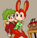  animal_crossing balls bedroom_eyes blush bottomless bunnie_(animal_crossing) captaineaglesmut chair cherry clothed clothing cum cum_through_clothing duo female food fruit fur green_hair hair half-closed_eyes hot_dogging human lagomorph male male/female mammal nintendo penis red_fur seductive sex simple_background suit thigh_sex video_games 