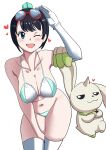  1girl bare_shoulders bent_over black_hair blue_eyes bra breasts cleavage cowboy_shot crossed_arms digimon digimon_(creature) digimon_story:_time_stranger elbow_gloves gloves goggles green_bra green_hat green_pants hat heart highres horns large_breasts navel one_eye_closed pabsmikan pants short_hair single_glove single_horn terriermon thighhighs underwear white_bra white_gloves white_thighhighs yuuki_kanan 