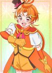  1boy akizora_(aki_precure) antenna_hair bad_id bad_twitter_id black_hat brooch clenched_hand coattails commentary cowboy_shot cropped_jacket cure_wing earrings frilled_shorts frills gloves hand_on_own_chest hat highres hirogaru_sky!_precure jacket jewelry layered_gloves long_hair looking_at_viewer magical_boy male_focus mini_hat mini_top_hat open_mouth orange_gloves orange_hair orange_jacket orange_shorts orange_vest precure puffy_short_sleeves puffy_sleeves red_eyes short_sleeves shorts smile solo standing tailcoat tilted_headwear top_hat two-sided_fabric vest wing_brooch yuunagi_tsubasa 