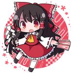  :o bare_shoulders between_fingers black_hair blush bow brown_hair chibi commentary_request detached_sleeves eyebrows eyebrows_visible_through_hair frilled_bow frilled_shirt_collar frills full_body gohei hair_bow hair_tubes hakurei_reimu highres holding long_hair long_sleeves looking_at_viewer ofuda open_mouth red_bow red_eyes red_ribbon rensei ribbon solo stick tareme thighhighs touhou white_legwear wide_sleeves zettai_ryouiki 