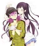  1girl bandages blush danganronpa hug hug_from_behind long_hair machi_(mctri) mole mole_under_eye purple_eyes purple_hair smile souda_kazuichi super_danganronpa_2 suppository tsumiki_mikan 