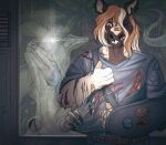 akoshak anthro arm_sling band-aid bandage belt blue_clothing blue_eyes blue_shirt blue_topwear bottomwear broken_arm bruised bruised_eye clothing clydesdale dinosaur draft_horse dromaeosaurid ears_up equid equine fur gesture hand_gesture happy hi_res horse male mammal mane medical_sling missing_teeth mottled mottled_body mottled_fur murphythehonse pants piebald piebald_body piebald_fur prehistoric_species reptile saurischian scalie scratches shirt solo sticker theropod thumbs_up topwear velociraptor velociraptor_(jurassic_park_3)