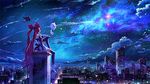  1girl alternate_costume alternate_hair_color boots city jinx_(league_of_legends) kuro_(league_of_legends) league_of_legends long_hair magical_girl night red_hair shiro_(league_of_legends) sitting star_guardian_jinx thighhighs twintails 