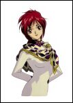  1990s_(style) 1girl arms_behind_head black_border border cropped_torso dress eberouge lipstick long_sleeves looking_at_viewer makeup non-web_source official_art red_eyes red_hair red_lips retro_artstyle scarf simple_background smile solo tight_clothes tight_dress white_background 