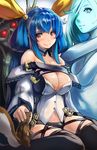  animal asymmetrical_wings bare_shoulders black_legwear black_panties blue_hair blush breasts chipmunk cleavage collarbone comic-z detached_collar detached_sleeves dizzy guilty_gear guilty_gear_xrd hair_ribbon half_updo large_breasts navel necro_(guilty_gear) panties petting red_eyes ribbon sitting smile solo squirrel thighhighs underwear undine_(guilty_gear) wariza wings 