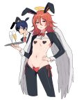  2boys alcohol angel_devil_(chainsaw_man) angel_wings animal_ears black_hiphighs black_shrug blue_hair blush bow bowtie chainsaw_man champagne collared_shrug commentary_request cowboy_shot cropped_legs cuntboy english_commentary fake_animal_ears feathered_wings flipped_hair glass hair_between_eyes halo hand_on_own_hip hayakawa_aki heart_maebari heart_pasties highres hiphighs holding holding_tray implied_cuntboy korean_commentary looking_at_viewer maebari male_focus medium_hair multi-source_commentary multiple_boys navel p_(flavorppp) partially_shaded_face pasties rabbit_ears red_bow red_bowtie red_eyes red_hair red_ribbon revealing_clothes reverse_bunnysuit reverse_outfit ribbon short_hair shrug_(clothing) sidelocks simple_background stomach sweatdrop tray white_background white_wings white_wrist_cuffs wings wrist_cuffs 