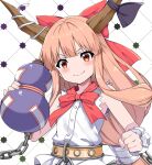  1girl blonde_hair blush bow bowtie brown_horns chain closed_mouth commentary_request gourd hair_bow highres holding holding_gourd horn_ornament horn_ribbon horns ibuki_suika long_hair looking_at_viewer new_kamiyan oni red_bow red_bowtie red_eyes ribbon shirt smile solo touhou upper_body white_shirt 